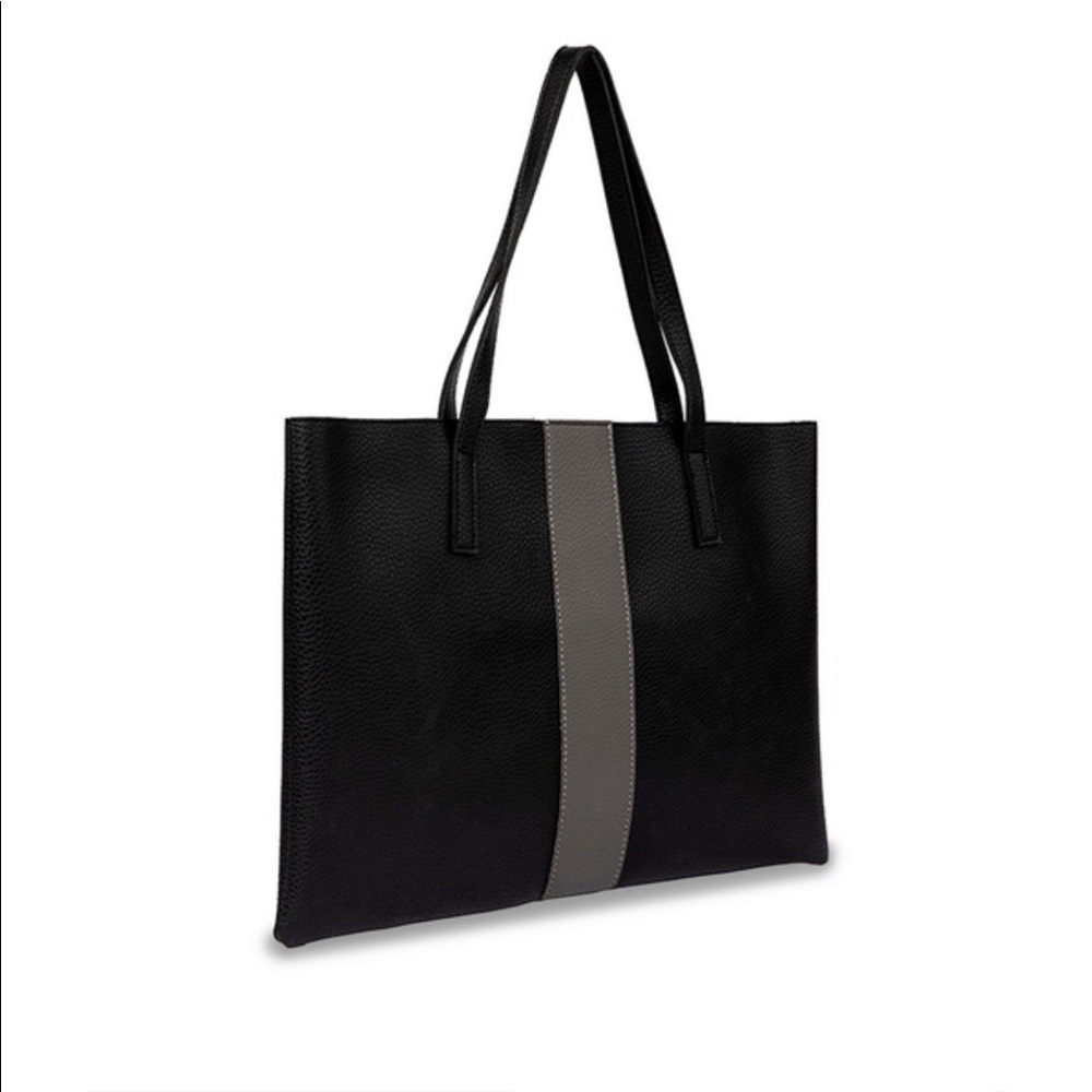 “Vince Camuto”, Pebble Black & Grey Faux Leather Carry-All Maxi Tote, Laptop